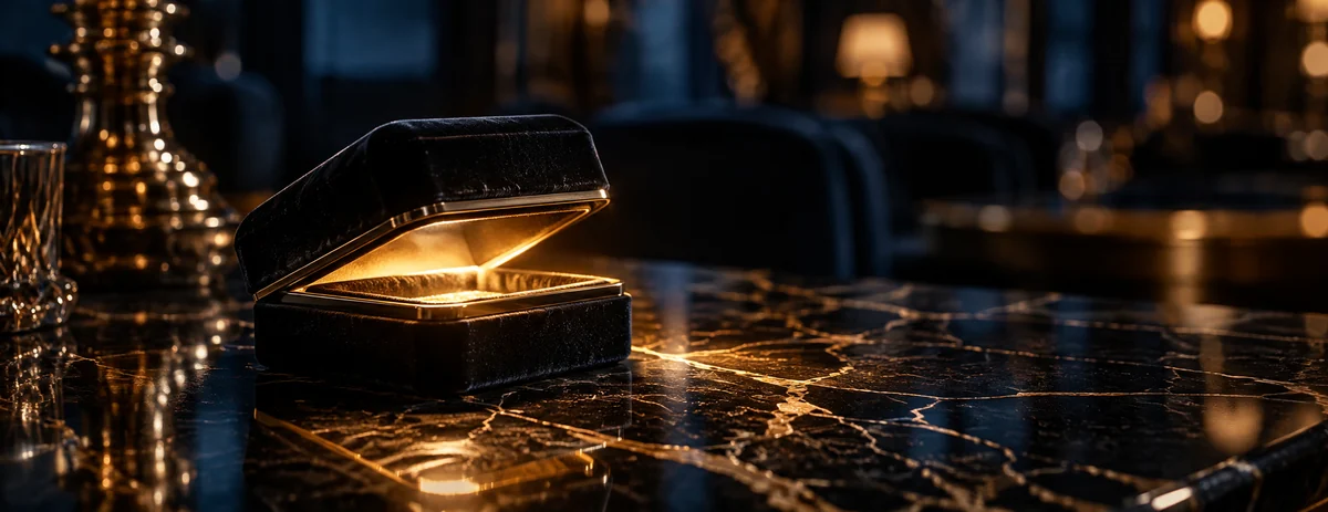 A black velvet box opening with warm light inside