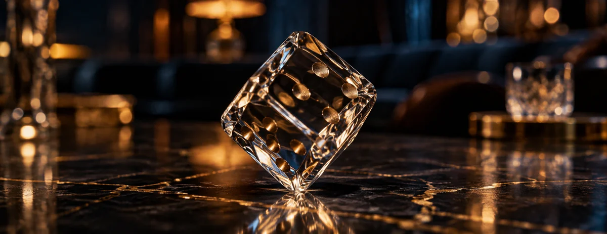 A crystal dice tilted on its corner on black marble