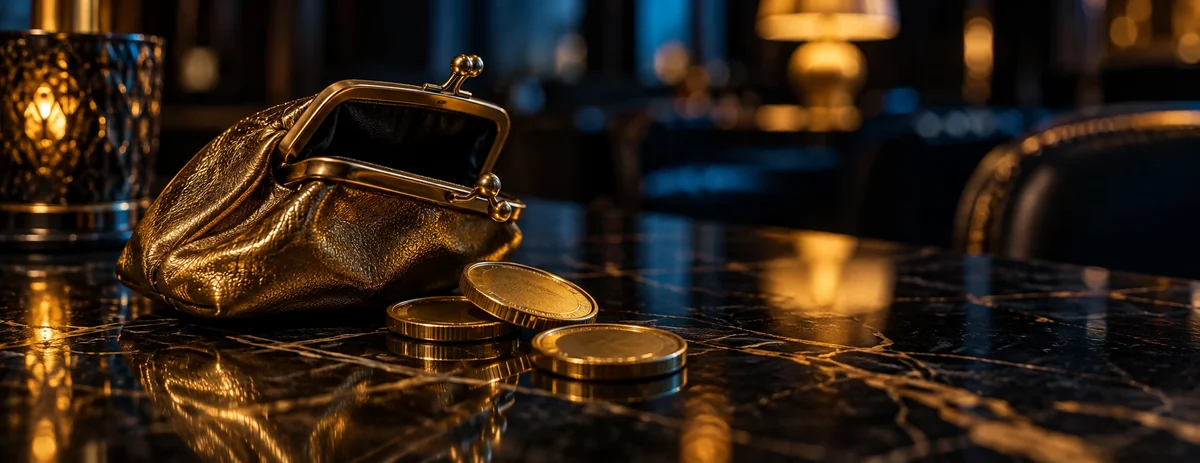A gold coin purse with three tokens on a marble table