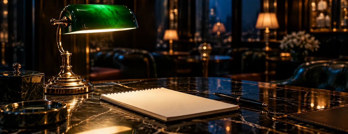 A brass desk lamp with a green shade lighting a blank notepad